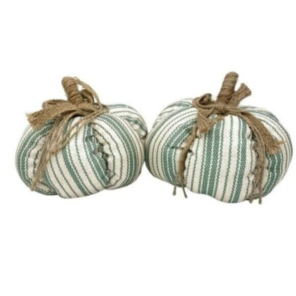 Green Striped Fabric Pumpkin Fall Farmhouse Decor Set of 2